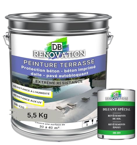 DB Rénovation PEINTURE SOL TERRASSE Extérieur pour béton, pavé - Forte protection UV - Haute imperméabilité - Passage fréquent - Gris soie 5,5KG + 1L...