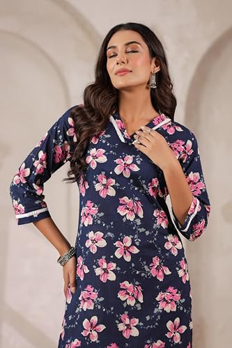 Image of Ichaa Women's Pure Cotton A-Line Ethnic V-Neck Kurta with 3 /4th Sleeve for Daily and Office Wear, in Plus Sizes