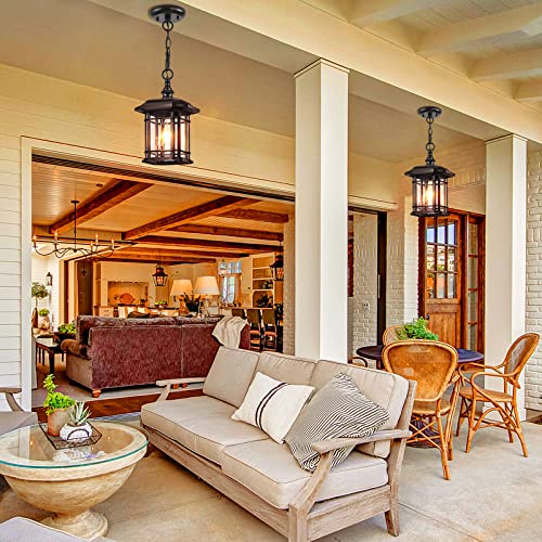 Vianis Outdoor Pendant Lights For Porch, Black Exterior Hanging Lanterns Outdoor, Aluminum Farmhouse Outdoor Ceiling Light Fixture, Waterproof Tempered Seed Glass Outdoor Chandelier For Gazebo #TOP5