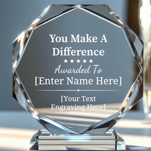 Personalized Crystal Trophy Award – Custom Awards and Trophies for Employees, Coworkers, Boss – Retirement, Farewell, Appreciation, Recognition Gifts – Custom Plaques (You Make A Difference, 6.4