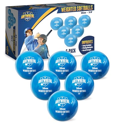 Anywhere Sports Weighted 16 oz Training Softballs - Hitting & Pitching for All Skill Levels - Improve Power and Mechanics with Weighted Softball Training Balls, 3.8” Diameter, Set of Six Balls