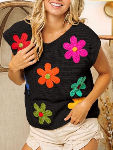 Womens Crochet Flower Embroidery Knit Top Sleeveless Round Neck Knit Sweater3