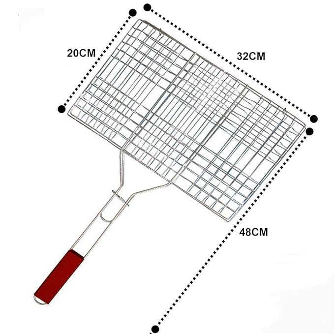 TRIMART Stainless Steel Portable Barbecue BBQ Grill Net Basket Roast Grilling Tray Plated with Wooden Handle (46.5 x 24 x 2 cm) (1 BBQ Mesh Basket Set + 6 BBQ Skewers Sticks) - Image 3 thumbnail