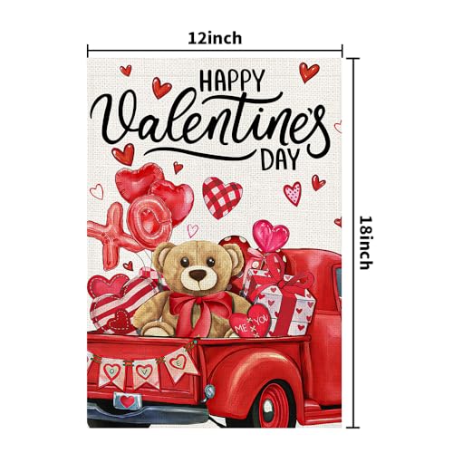 Bandera de jardín de San Valentín 12x18 con oso de peluche, camión rojo vintage y doble cara 8