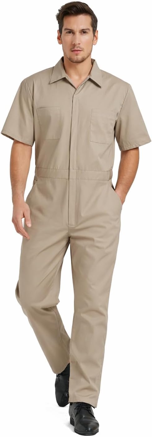 TopTie Men's Short-Sleeve Coverall Work Jumpsuit Lightweight with Zipper Front Elastic Waist