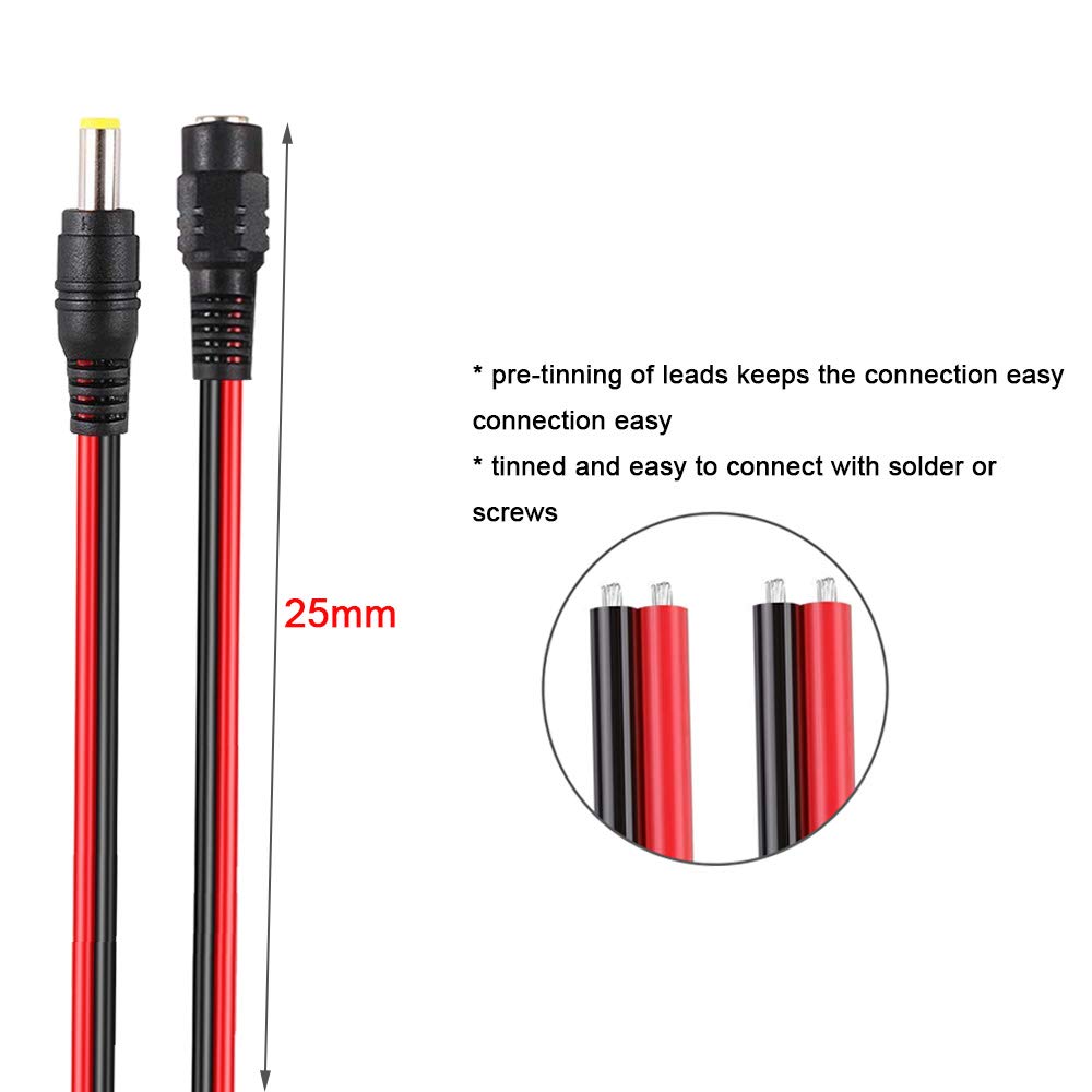FULARR 24 szt. Premium DC Kabel Pigtail Cable, 12 par DC Zasilacz męski żeński Pigtail Cable z wtyczką 5,5 x 2,1 mm, do kamery bezpieczeństwa CCTV