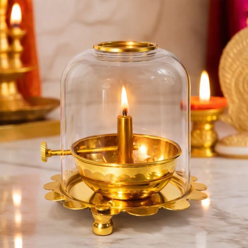 Brass Oil Lamp with Glass Chimney | Traditional Diya for Puja, Temple, Church & Home Décor | Windproof Vintage Brass Candle Lamp with Cotton Wick | Religious Festival Lighting Decor-image-46