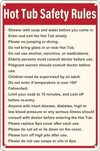 Vintage Metal Tin Signs Hot Tub Safety Rules Funny Pool Retro Poster for Yard Restaurant Hotel Garden Bar Outdoor & Indoor Wall Art 12x8 inch