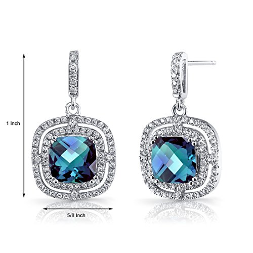 Peora Simulated Alexandrite Dangle Earrings For Women 925 Sterling Silver, 7.40 Carats Total, Cushion Cut 8Mm, Double Halo Drops, Friction Backs #TOP1