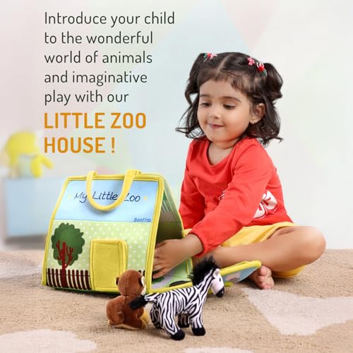 Image of Bonfino Premium My Little Zoo House Playset with Bag for Kids,7 Plush Animal Figurines,Educational Montessori Learning Toy for Toddlers,Soft Pretend Play Set,Birthday Gift for Boys&Girls,BIS Certified