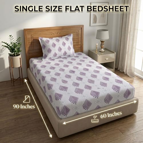 Image of Mafatlal 186 TC Grace Cotton Bedsheet for Single Bed | 90 x 60 Inch | Soft, Breathable & Durable Pure Cotton Fabric | Includes Pillow Cover | Violet Purple