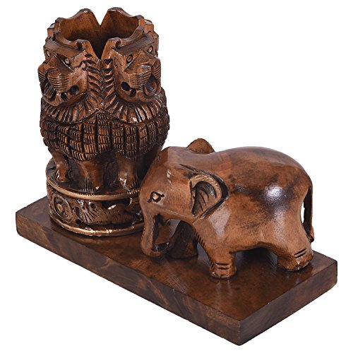 Image of Craft Trade 14x10 Cm Wooden Pen Stand with Ashok Stambh Pillar and Elephant Statue - Brown