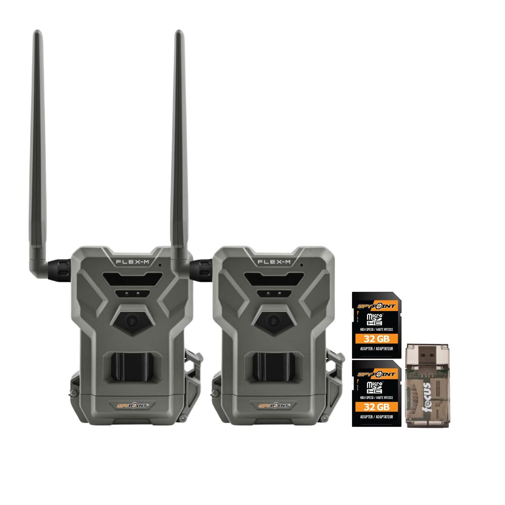 SPYPOINT Flex M Lot de 2 caméras de chasse cellulaires 28 MP avec carte mémoire haute vitesse de 32 Go et lecteur de cartes haut débit (4 articles)