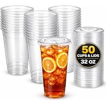 Disposable Plastic Cups with Flat Lids and Straw Slot, 32oz, Clear, PET Material, 50 Count