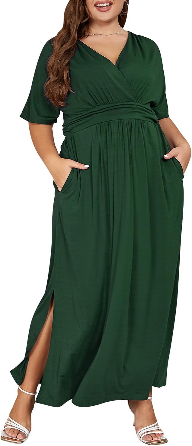 KeluummiPlus Size Wedding Guest Maxi Dress for Curvy Women, Summer Formal Floral Long Wrap Cocktail Dress with 3/4 Sleeve