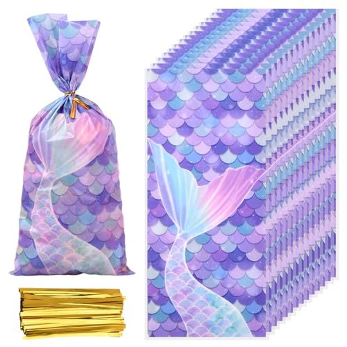 Bezavea 100pcs Christmas Sweet Bags,Christmas Drawstring Gift Bags, Christmas Cellophane Bags, Mermaid Themed Party Bags, Xmas Clear Treat Sweet Goody Bags with Twist Tie for Christmas Party