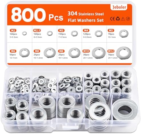 Jeboler Unterlegscheiben Set, 800 Stück Kleine Unterlegscheiben Edelstahl | A2 V2A Flach Beilagscheiben Sortiment für Schrauben, Mutter, Unterlegscheibe für M2 M2,5 M3 M4 M5 M6 M8