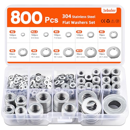 Jeboler Unterlegscheiben Set, 800 Stück Flach Unterlegscheiben Edelstahl A2 V2A Beilagscheiben Sortiment für Schrauben, Bolzen M2 M2,5 M3 M4 M5 M6 M8 M10 M12-9 Größen