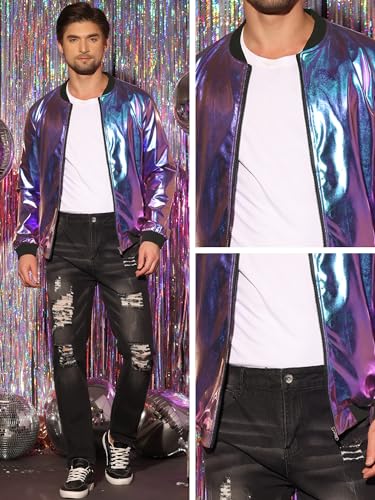Lars Amadeus Holographic Metallic Varsity Jacket for Men's Zip Up Long Sleeves Shiny Bomber Jacket4
