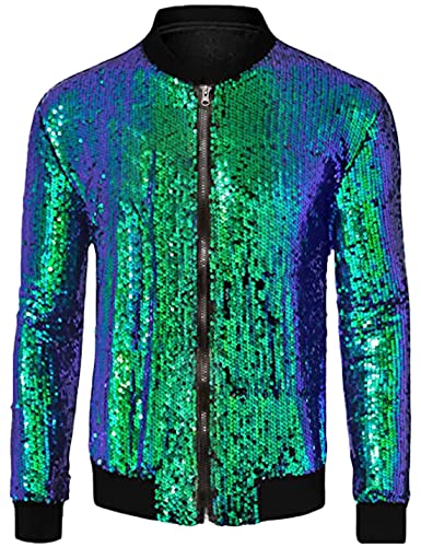 Omoone Men's Zip Up Mermaid Sequin Lightweight Shiny Clubwear Bomber Jacket