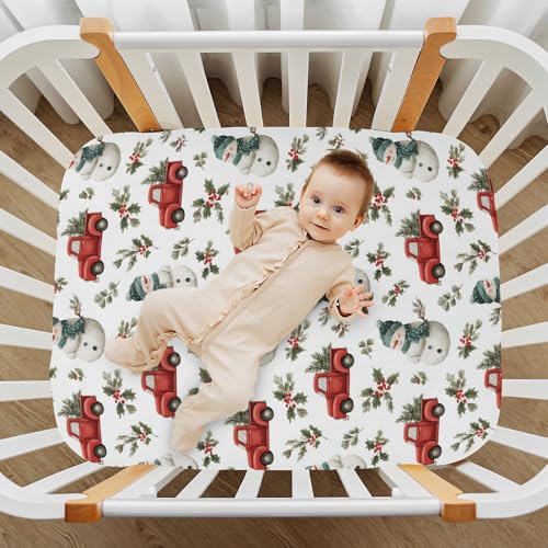 Image of Baby Crib Sheet Cute Christmas Snowman Red Truck Holly Crib Mattress for Boys and Girls Playard Sheet Soft Breathable Fitted Baby Mattress Cover 52x28in