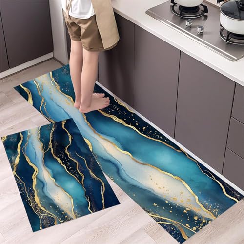 Alfombrillas de cocina antifatiga lavables de diseño abstracto azul 5