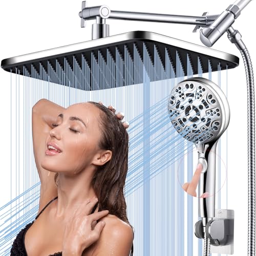 BSTGZLUXU Rain Shower Head with Handheld-14inch Rainfall Showerhead,8Spray Hand held with ON/OFF Pause Switch, Tandem High Pressure Output,Long Hose Make Hands Free for Kids, pet bath in tub