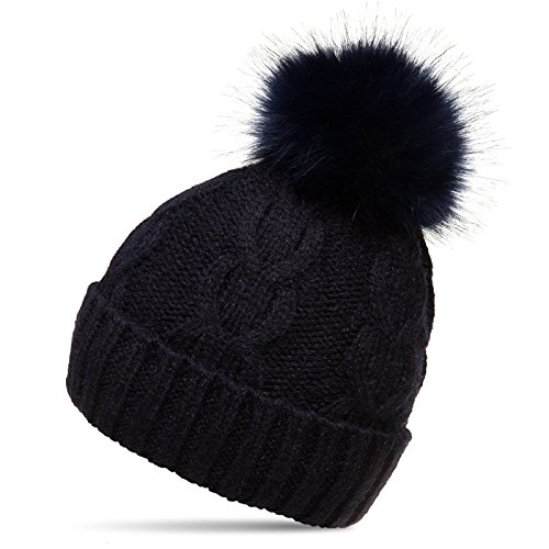 Caspar MU175 Damen Winter Mütze Strickmütze Bommelmütze mit großem Fellbommel, Farbe:dunkelblau, Größe:One Size