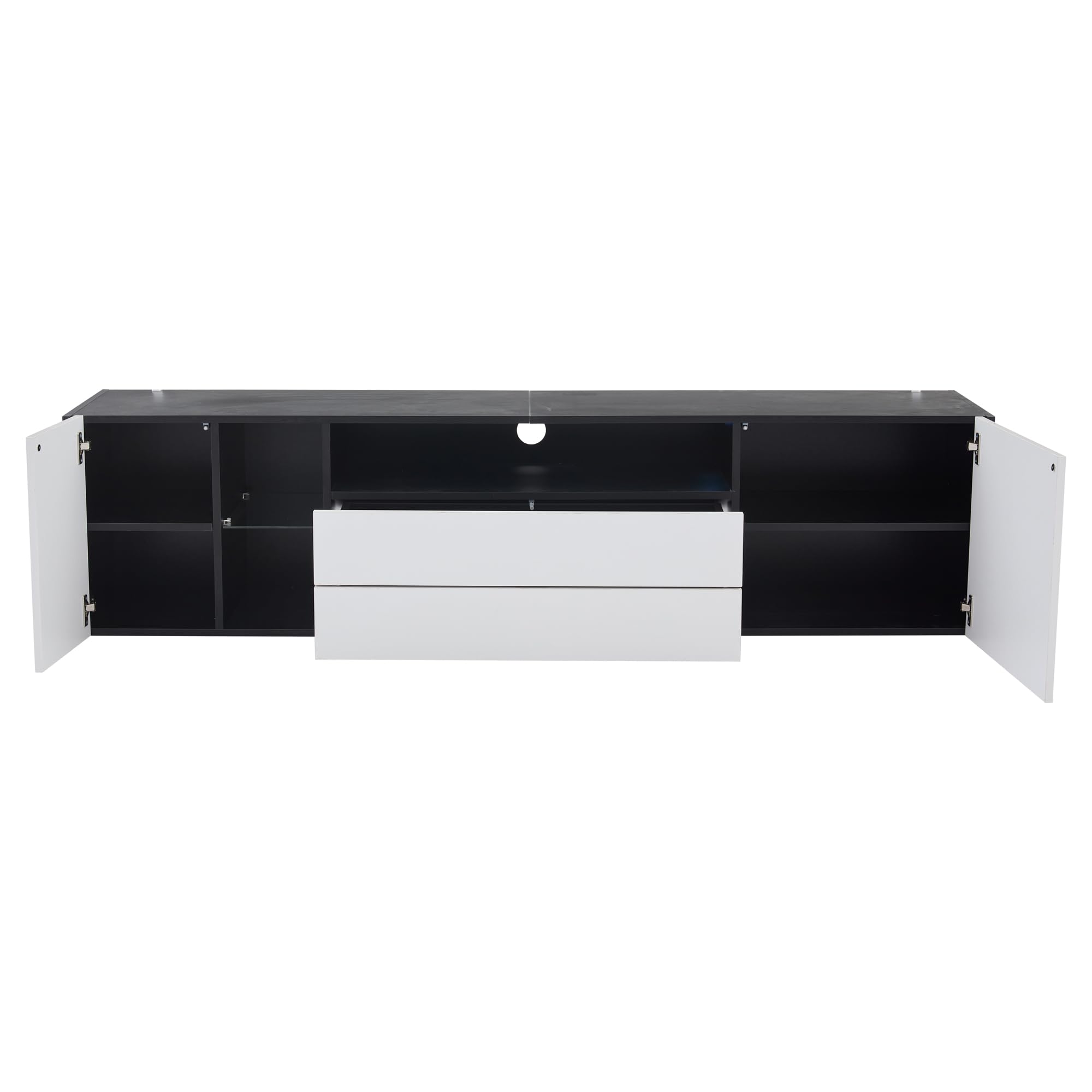Mobile TV, TV Board,TV Board,LED lucido, supporto TV con 2 cassetti e 2 armadi, adatto per TV da 75", giuntura bianca e nera