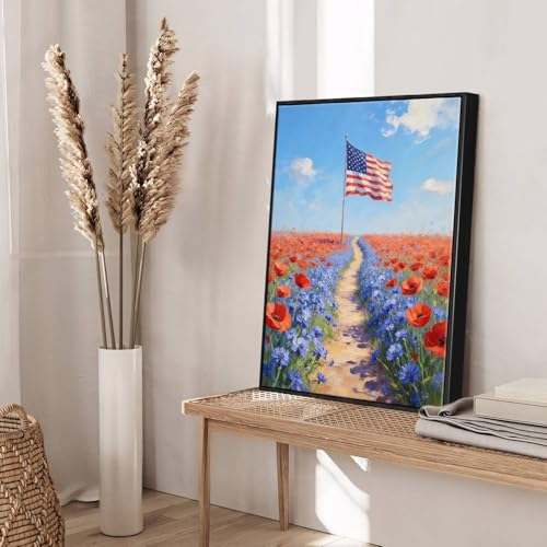 Image of American Flag Framed Canvas Wall Art, 4th of July Floral Canvas Prints, Wildflower Field Landscape Patriotic Decorations, Vintage Rustic Independence Day Wall Decor for Bedroom Living Room 12x16