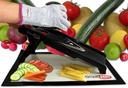 SimpliFine Mandoline Slicer with FREE Cut Resistant Gloves (Small) Vegetable Fruit Cutter - Best for Making Quick Healthy Salads - Professional Julienne Mandolin and Cutting Glove - Makes A Great Gift