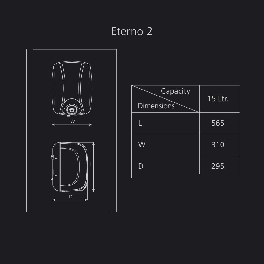Technical drawing showing dimensions of Racold Eterno 2 water heater