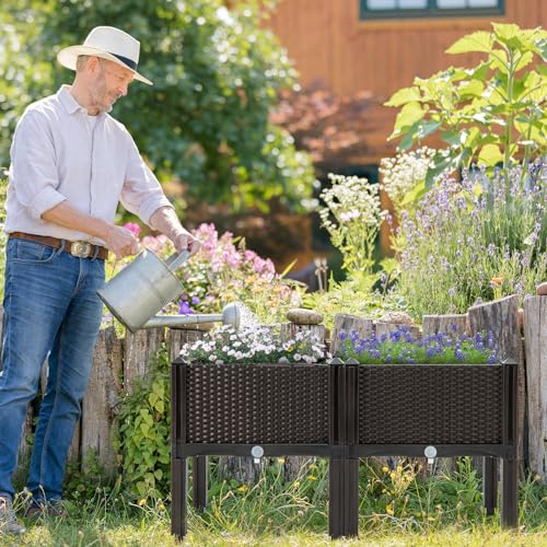 HAPPYGRILL Raised Garden Bed, 2 Planter Box with Removable Legs & Brackets, Self-Watering System, Drainage Holes, Outdoor Raised Beds for Gardening, Veggie, Herb, Flower, Herbs, Easy Assembly