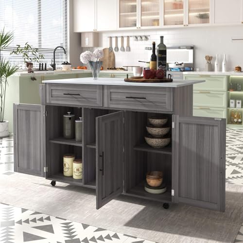PUGSDRLY Desserte de Cuisine à roulettes,Buffet Meuble,îlot de Cuisine avec Plateau de Table Pliable,2 Tiroirs et 3 Portes,Roulette ou Pieds en Bois Massif...