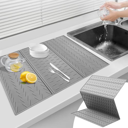 Image of Supvox Kitchen Dry Mat Triple Fold Silicone Utility Mat Grooved Surface Dry Mat Dishes Drain Mat Heat Resistant Countertop Protector Mat Anti-slip Silicone Table Mat with Hanging Hole, 24x16in