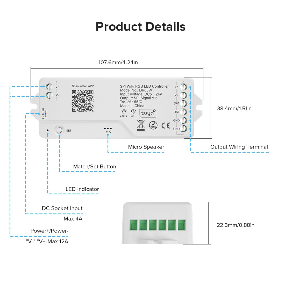 FCOB 2.4G WiFi SPI DR03W RGB Controlador LED RC03RFB RF Mando a Distancia Kit Soporte Tuya APP Smart Life APP Alexa Google Home para WS2811 WS2812 WS2813 WS2815 etc COB SMD Direccionable RGB Tiras LED