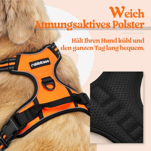 rabbitgoo Hundegeschirr Mittelgroße Hunde, Anti Zug Geschirr mit Kontrolle, No Pull Verstellbar Hundegeschirr Grosse Hunde, Atmungsaktiv Reflexstreifen Brustgeschirr Sichere Führung Orange XL