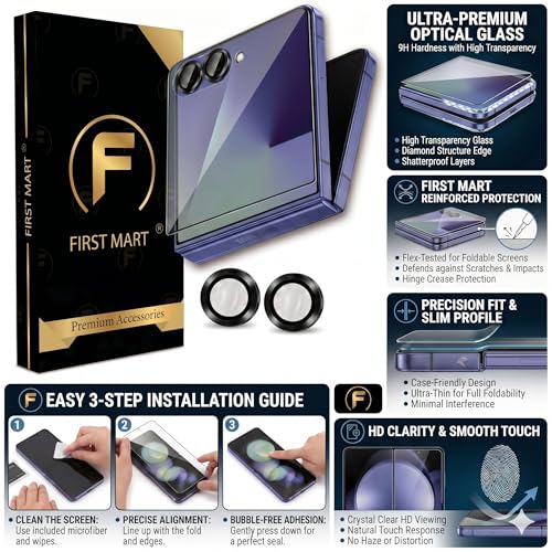 Image of FIRST MART Tempered Glass for Samsung Galaxy Z Flip 7 5G with Black Camera Ring Guard & Installation Kit | HD Clear Edge-to-Edge Screen Protector, Scratch Resistant, Case-Friendly | Pack of 1