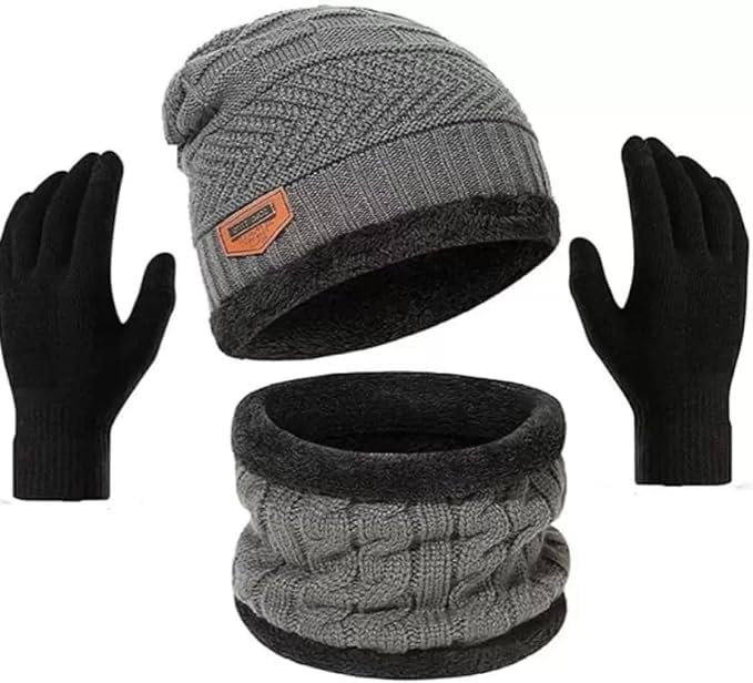 Winter Knit Beanie Cap Hat Neck Warmer Scarf and Woolen Gloves Set Skull Cap for Men Women - Winterwear Combo Set of Woolen Cap Scarf and Gloves