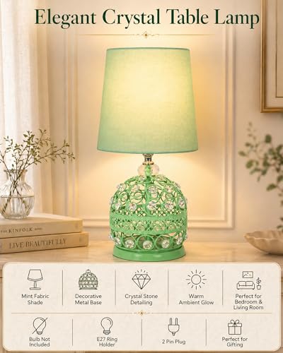Image of Homesake Modern Small Crystal Table Lamp, Contemporary Bedroom Bedside Nightstand Lamp, Morden Minimalist, Desk Globe Lamp for Living Room Girls Kids Room, Fabric Shade (Green)