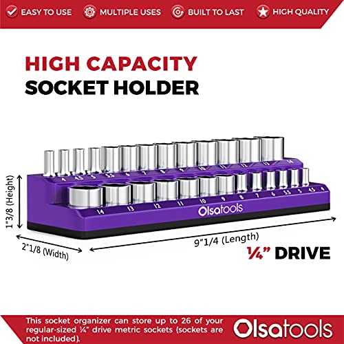 Image of Olsa Tools Magnetic Socket Holder | 1 /4-inch Drive | Metric | Purple | Holds 26 Sockets | Professional Quality Tools Organizer