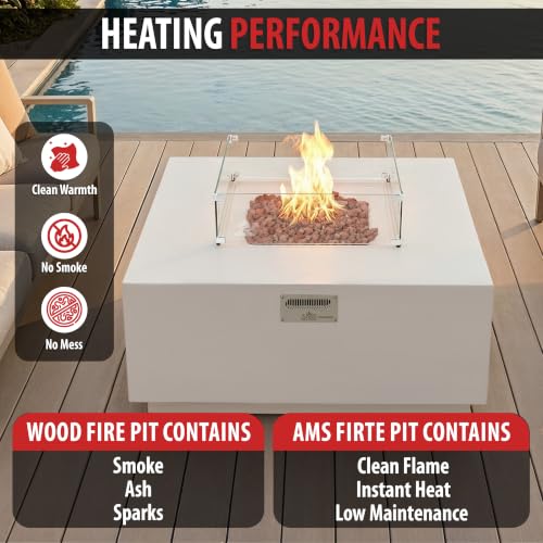 Image of AMS 48 inch Square Concrete GFRC Propane Gas Fire Pit Table Bundle, Cream White