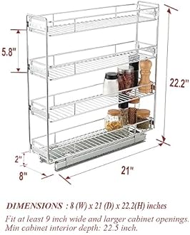 OCG 4-Tier Pull Out Kitchen Cabinet Spice Rack Holder Shelves (8" W x 21" D), Slide Out Slim Storage Wire Baskets for Storage Organization, Narrow Pull Out Storage for Narrow Space