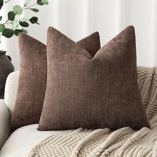 Image of Foindtower Pack of 2 Soft Textured Chenille Throw Decorative Pillow Covers Square Accent Solid Cushion Cover Cozy Neutral Farmhouse Pillow Case for Couch Sofa Bedroom Living Room 18x18 Inch,Red Brown
