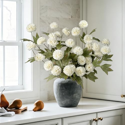 Image of 6PCS Cream Mums Long Stem Faux Fall Flowers Realistic Artificial Fall Flowers Indoor 25.5 inch Faux Silk Mums Flower Stems for Vases Flowers Artificial for Decoration Farmhouse Home Decor