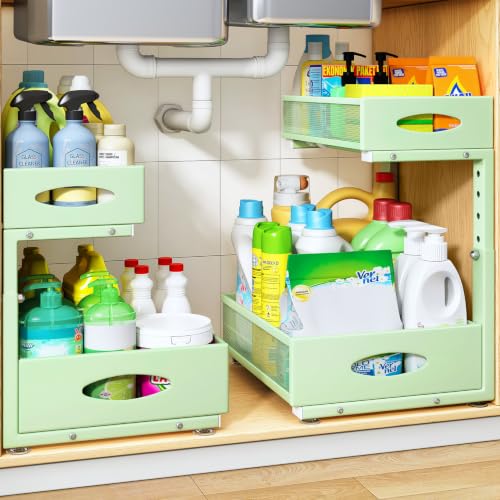 Image of Under Sink Organizer, 2 Tier Pull Out Under Cabinet Organizer Shelf with Pad for Framed Cabinets, Metal Slide Out Under Sink Storage, Mesh Sliding Drawers for Kitchen Bathroom Laundry(Green, 1 Pack)