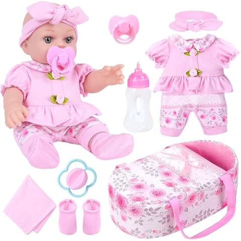 XFEYUE 12 Inch Baby Doll Bassinet Bed Playset with Baby Dolls Clothes and Accessories Includes Bassinet Bottles Nipple Ringer Blankets Cover