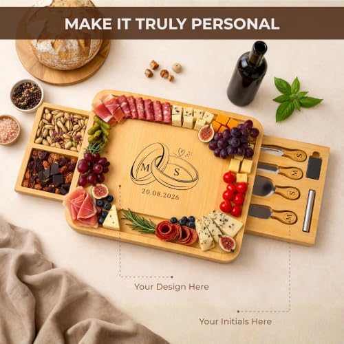 Image of Personalized Bamboo Charcuterie Board with Drawer & Utensils - Custom Cheese & Cutting Board Gift for Wedding, Housewarming, Anniversary, Couples and Personalized Mothers Day Gifts for Mom