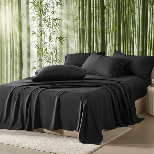 Image of 100% Viscose Derived from Bamboo Sheets Queen Size, Soft & Cooling Viscose from Bamboo Sheets Set, Organically Grown,Breathable & Soft Deep Pocket Up to 18 Inches(Black)