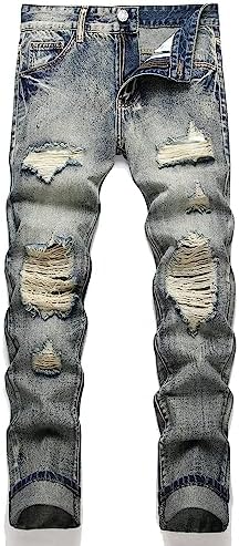 OIIIO Men's Ripped Slim Fit Straight Leg Jean Denim Pant